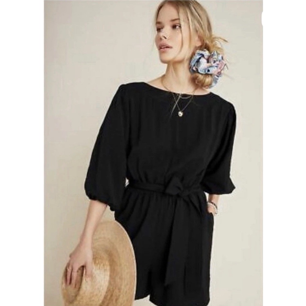 Anthropologie Textured Black Crepe Short Sleeve Belted Romper Jumper Small
